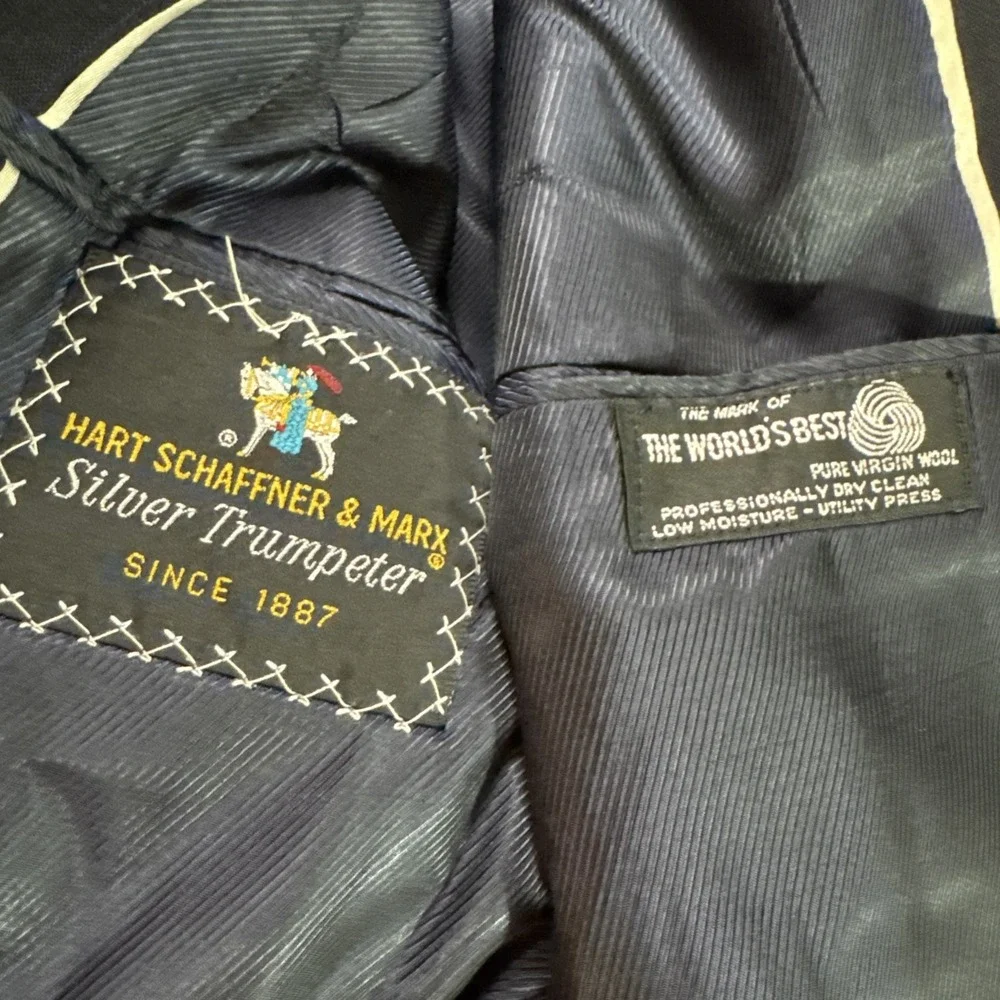 Hart Schaffner Marx Silver Trumpeter Suit 40R Pants 34 x 29 Blue Stripe USA Made